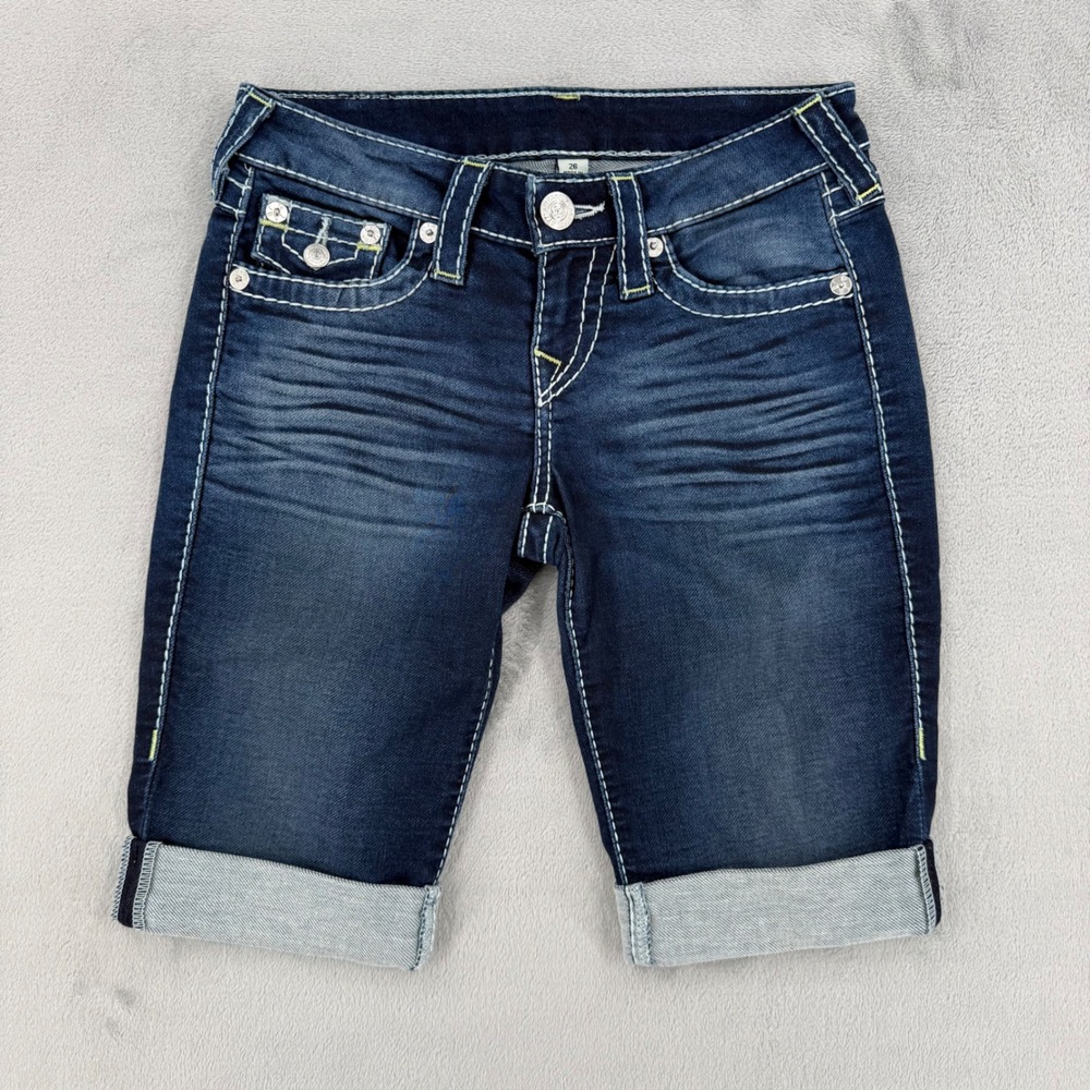 True Religion Womens Size 26 Dark Wash Denim Shorts Contrast Stitch Cuffed